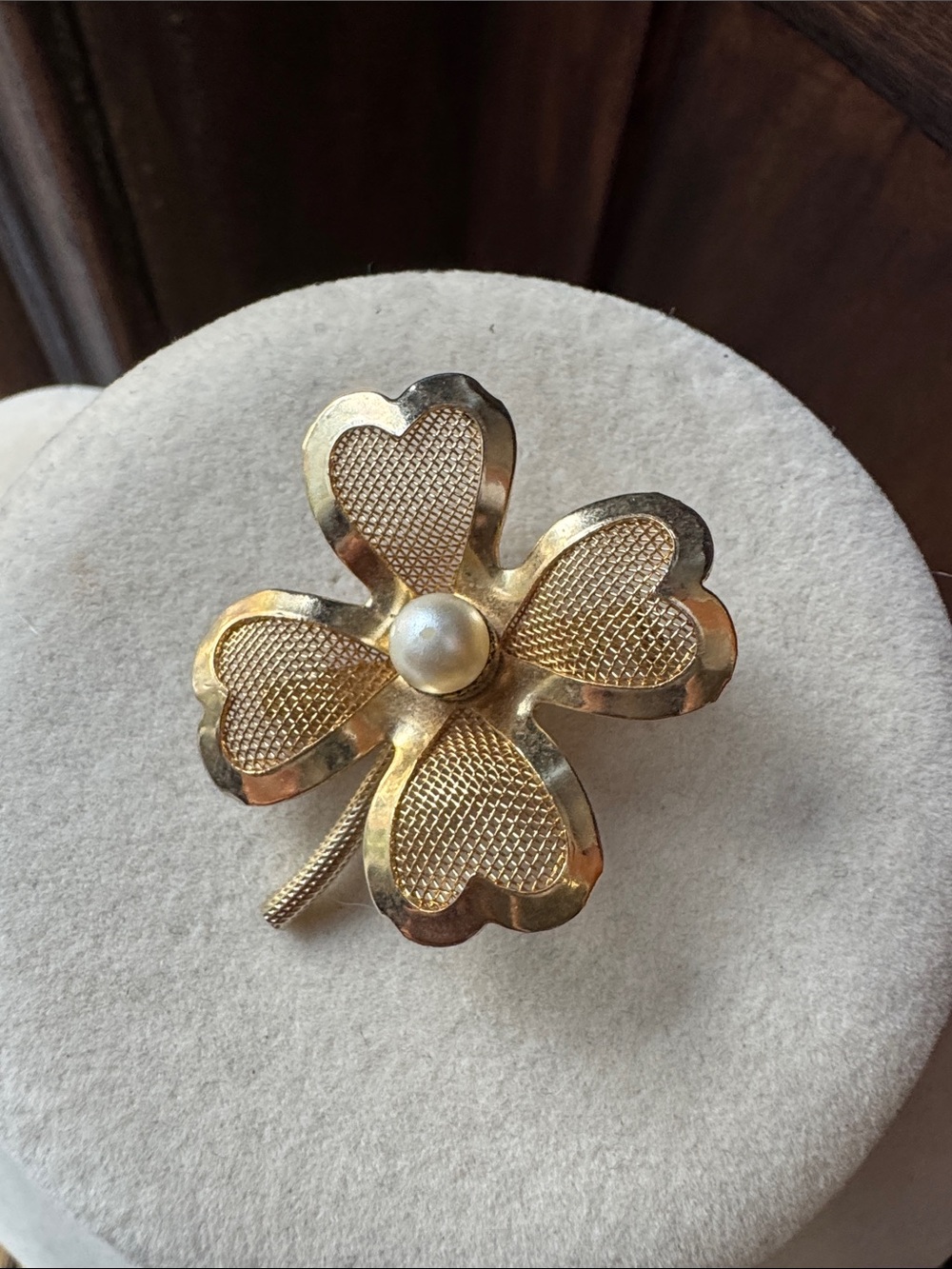 Vintage Coro Gold-Tone Four-Leaf Clover Brooch with Pearl Center